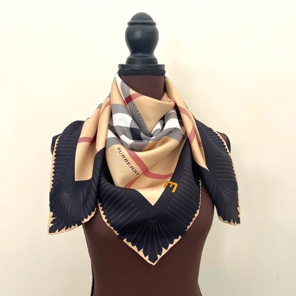 New Burberry Scarf House Check Beige Black Border Silk Scarf Wrap - Picture 3 of 14